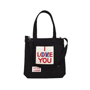 Black Canvas Tote Bag I Love You Print Casual Shoulder Bag Shoulder Bag Handbag